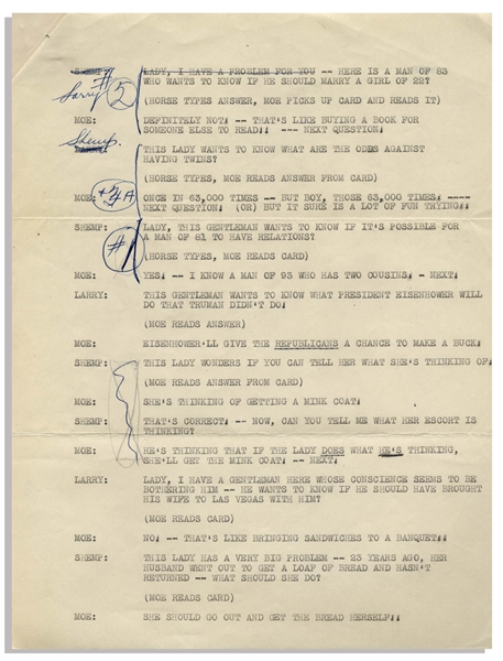 Moe Howard 2pp. Script of a Stooges Comedy Sketch Featuring Shemp, Circa 1953 -- With Annotations by Moe -- Script is Stapled With Page #2 on Top, But Likely in Reverse Order & Complete